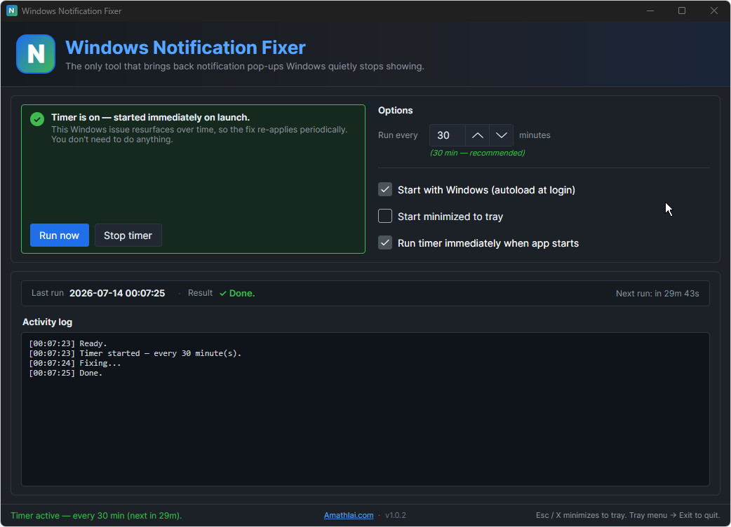 Windows Notification Fixer with its repair timer running every 30 minutes